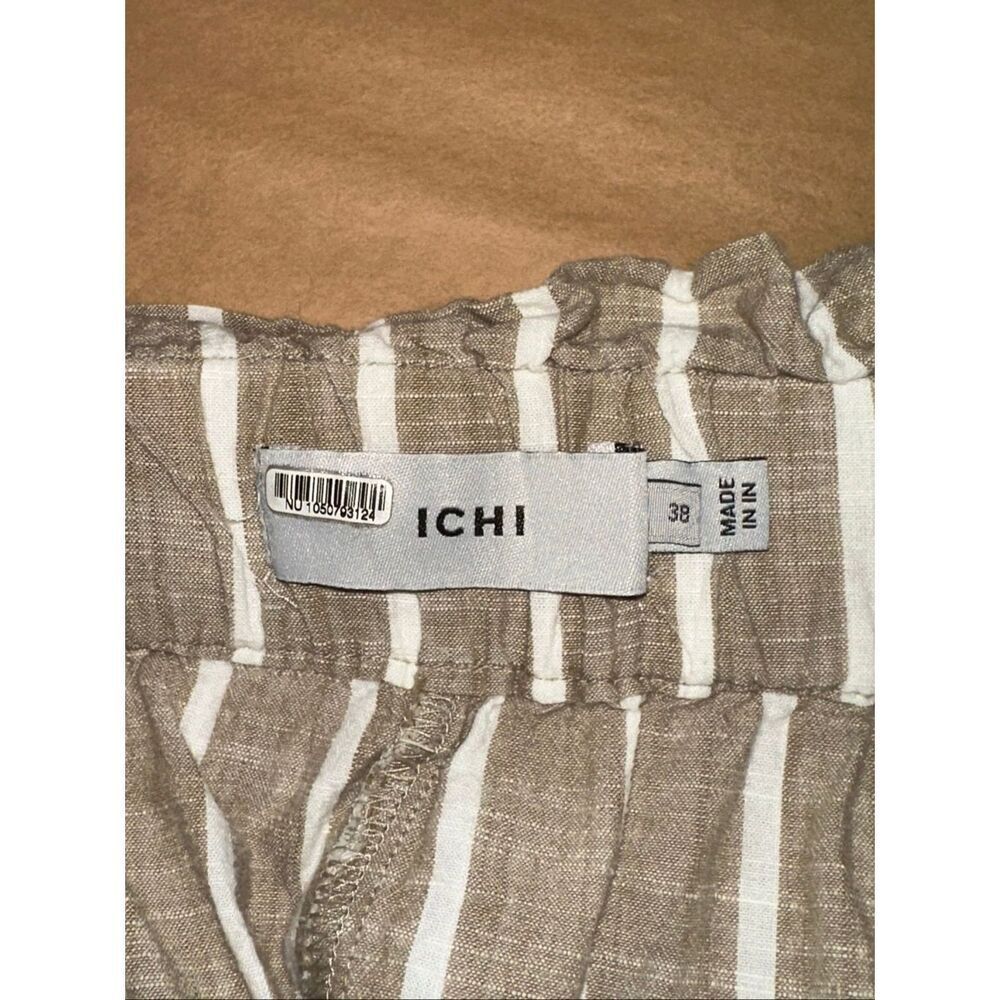 ICHI Sz M Striped Paperbag Shorts Beige White Linen Look Coastal Anthropologie - Picture 7 of 10